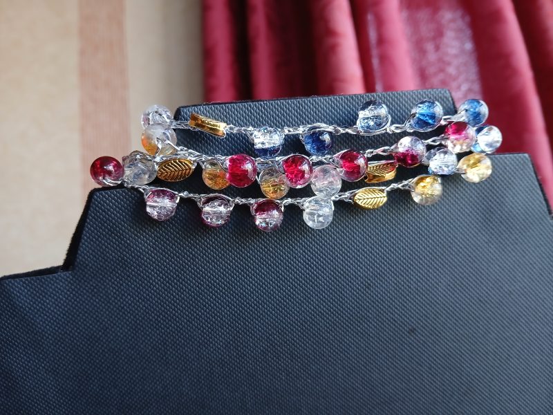 Handmade Wrap Necklace/Belt with Shades of Red, Blue and Gold (Full Glass Beading)