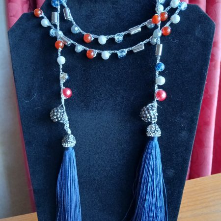 Handmade Wrap Necklace/Belt with Shades of Red, Blue and White