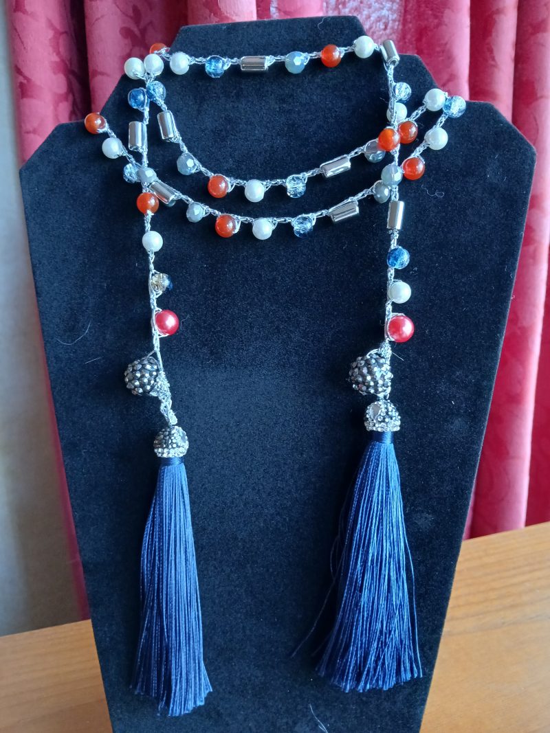 Handmade Wrap Necklace/Belt with Shades of Red, Blue and White