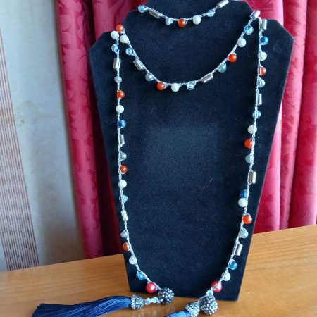 Handmade Wrap Necklace/Belt with Shades of Red, Blue and White
