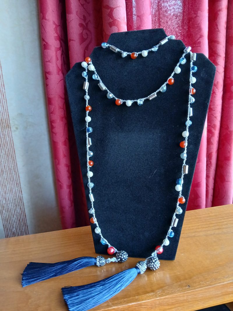 Handmade Wrap Necklace/Belt with Shades of Red, Blue and White