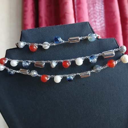 Handmade Wrap Necklace/Belt with Shades of Red, Blue and White
