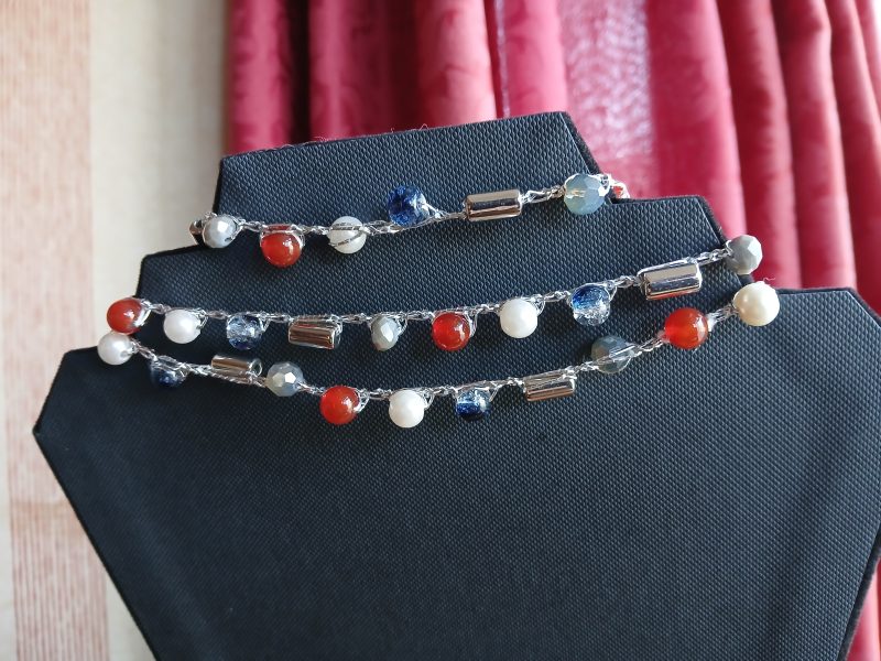 Handmade Wrap Necklace/Belt with Shades of Red, Blue and White