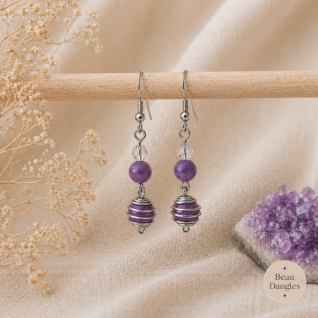 Spiral Drop Earrings – Amethyst Crystal (10mm & 8mm)