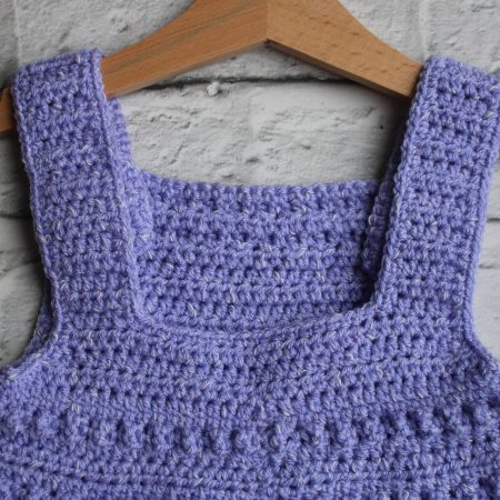 Back View of Crochet Pinafore Dress in Lilac Purple
