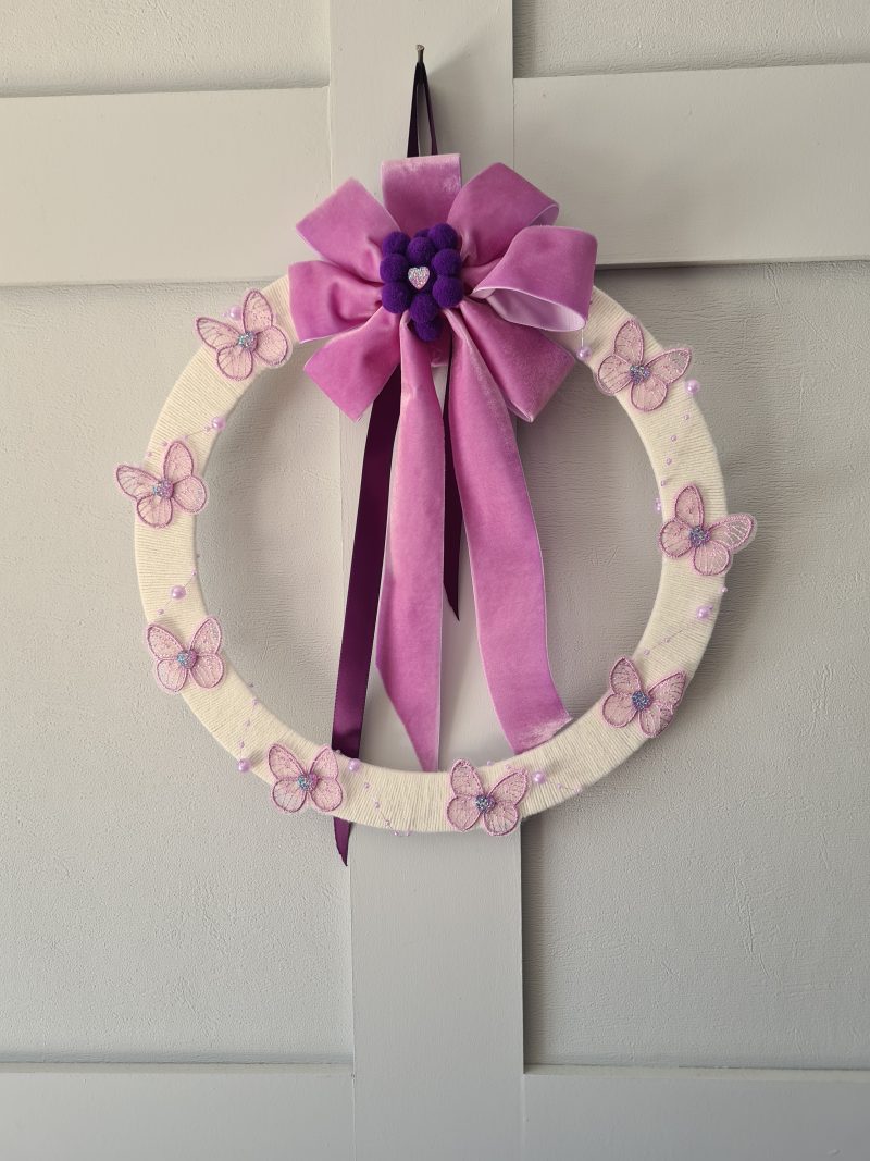 Yarn Wrapped Wreath with Lilac Lace Butterflies and Velvet Bow
