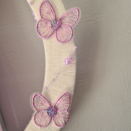 Yarn Wrapped Wreath with Lilac Lace Butterflies and Velvet Bow