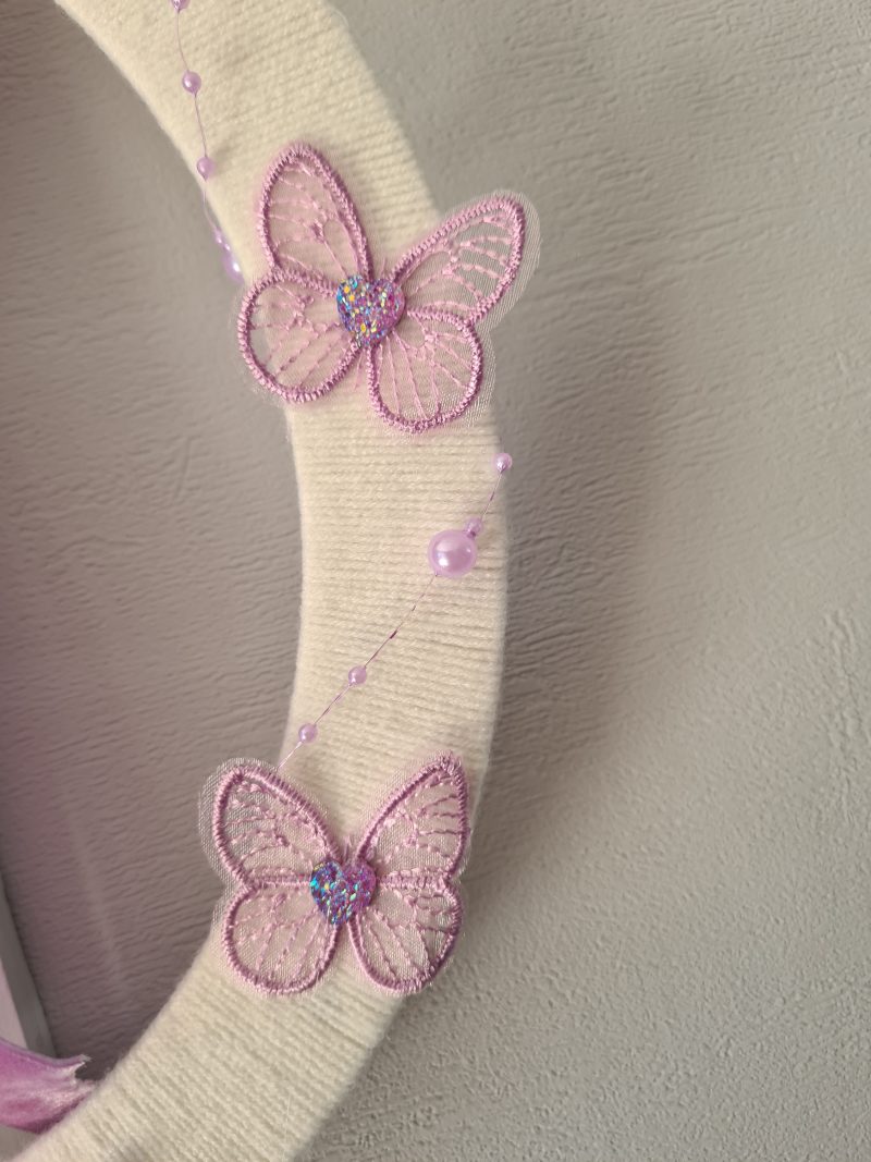 Yarn Wrapped Wreath with Lilac Lace Butterflies and Velvet Bow