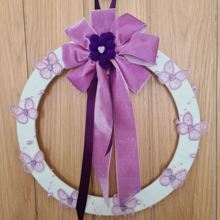 Yarn Wrapped Wreath with Lilac Lace Butterflies and Velvet Bow