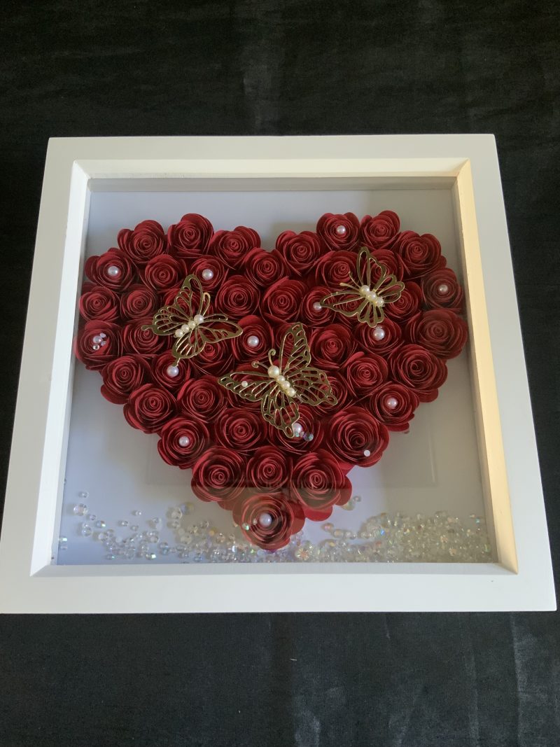 Red paper flower heart with butterflies