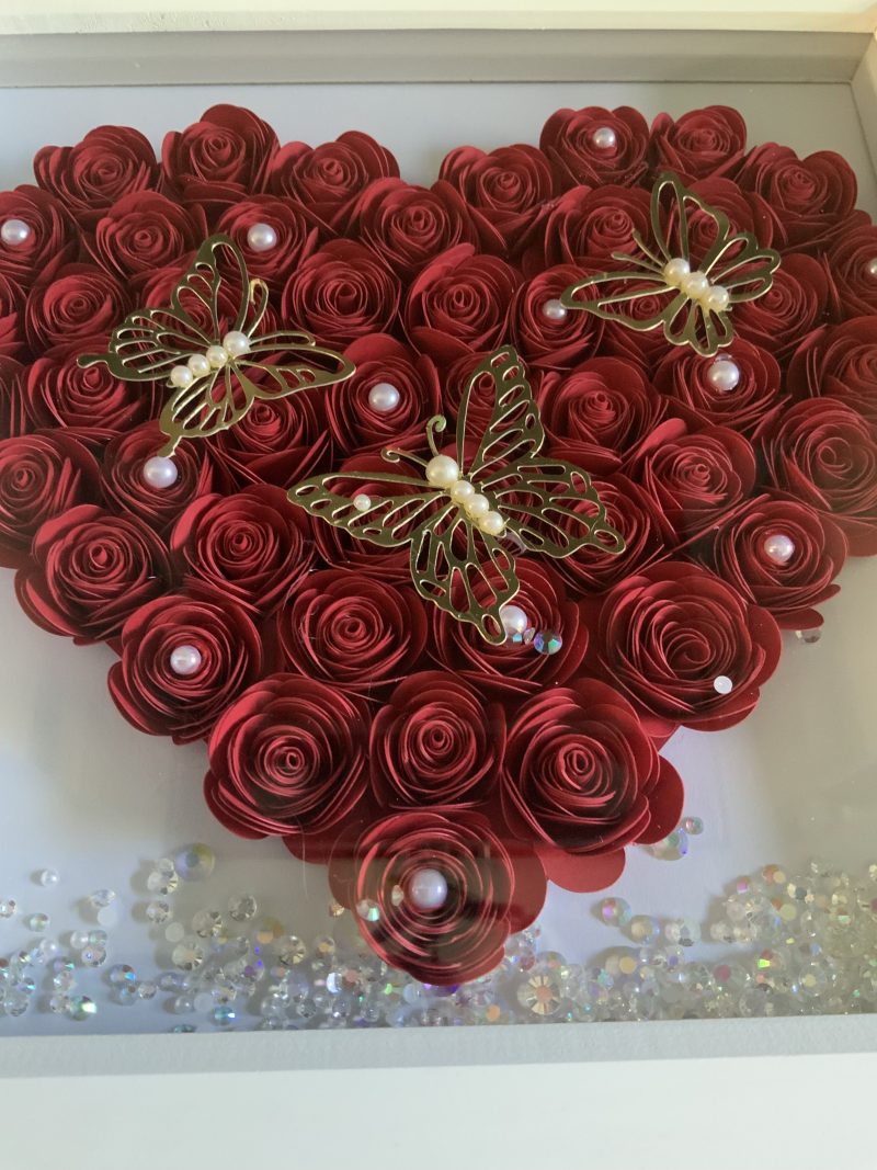 Red paper flower heart with butterflies