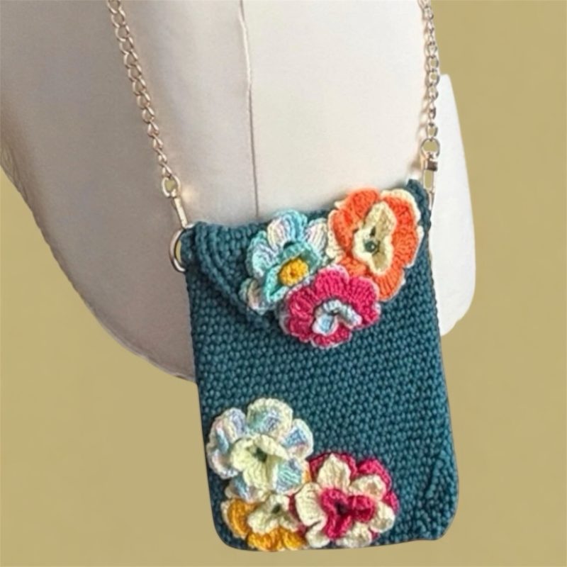 Handmade Dark Teal Floral Crochet Crossbody Bag with 3D Flowers & Detachable Gold Chain