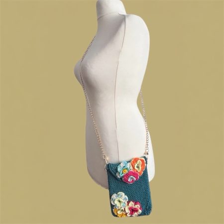 Handmade Dark Teal Floral Crochet Crossbody Bag with 3D Flowers & Detachable Gold Chain