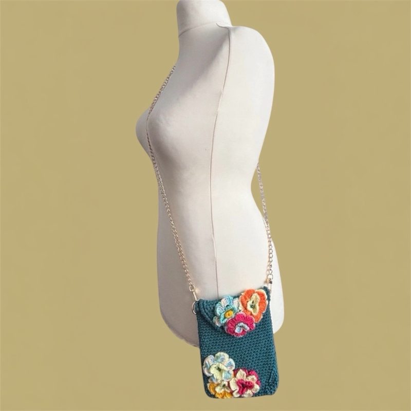 Handmade Dark Teal Floral Crochet Crossbody Bag with 3D Flowers & Detachable Gold Chain