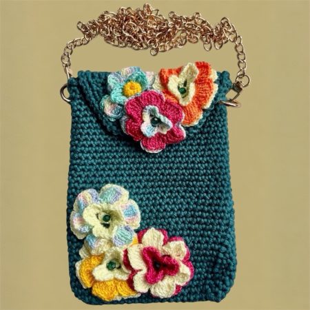 Handmade Dark Teal Floral Crochet Crossbody Bag with 3D Flowers & Detachable Gold Chain