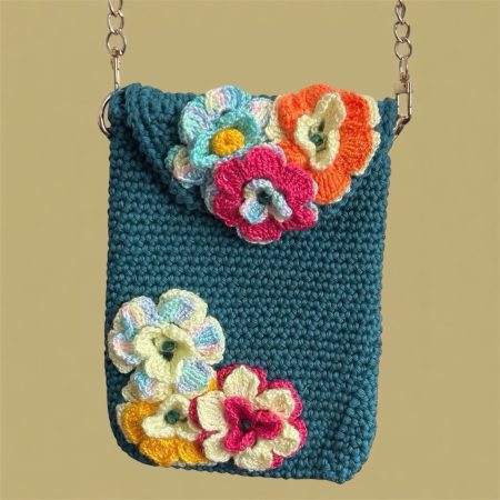 Handmade Dark Teal Floral Crochet Crossbody Bag with 3D Flowers & Detachable Gold Chain