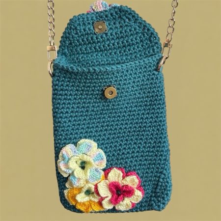 Handmade Dark Teal Floral Crochet Crossbody Bag with 3D Flowers & Detachable Gold Chain