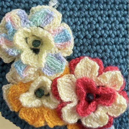 Handmade Dark Teal Floral Crochet Crossbody Bag with 3D Flowers & Detachable Gold Chain