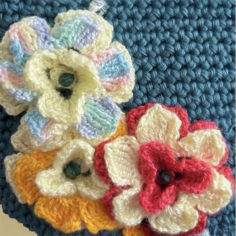 Handmade Dark Teal Floral Crochet Crossbody Bag with 3D Flowers & Detachable Gold Chain