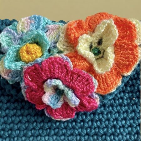 Handmade Dark Teal Floral Crochet Crossbody Bag with 3D Flowers & Detachable Gold Chain