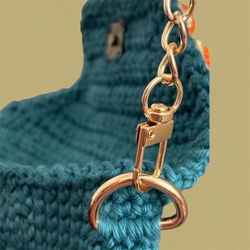 Handmade Dark Teal Floral Crochet Crossbody Bag with 3D Flowers & Detachable Gold Chain