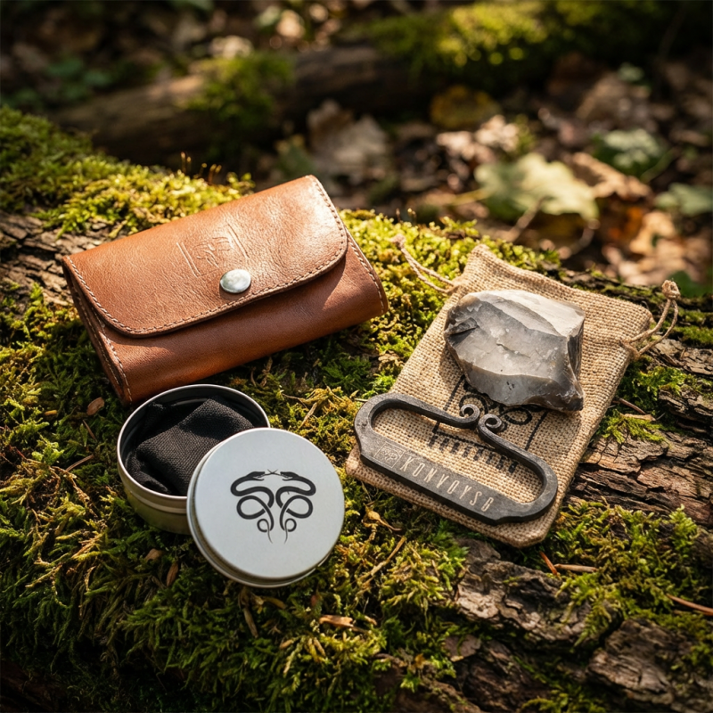 The Artisan Heritage Fire Kit – Hand-Forged Carbon Steel & English Flint in a Premium Top-Grain Leather Pouch