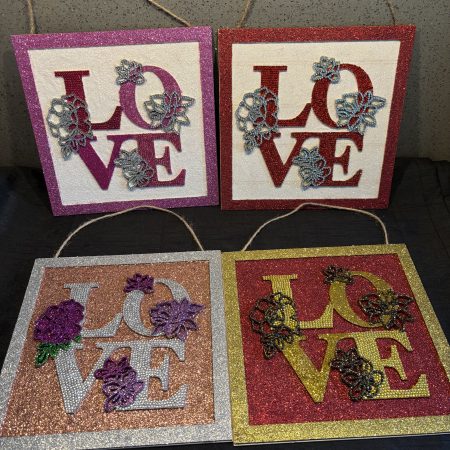 Glittered & gemmed love wall hangings