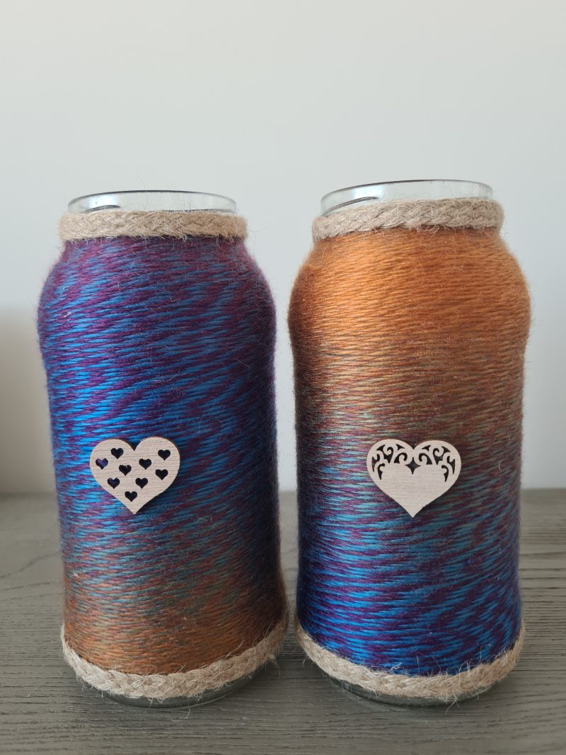Set of 2 Upcycled Glass Jars Wrapped in Marble Effect Yarn