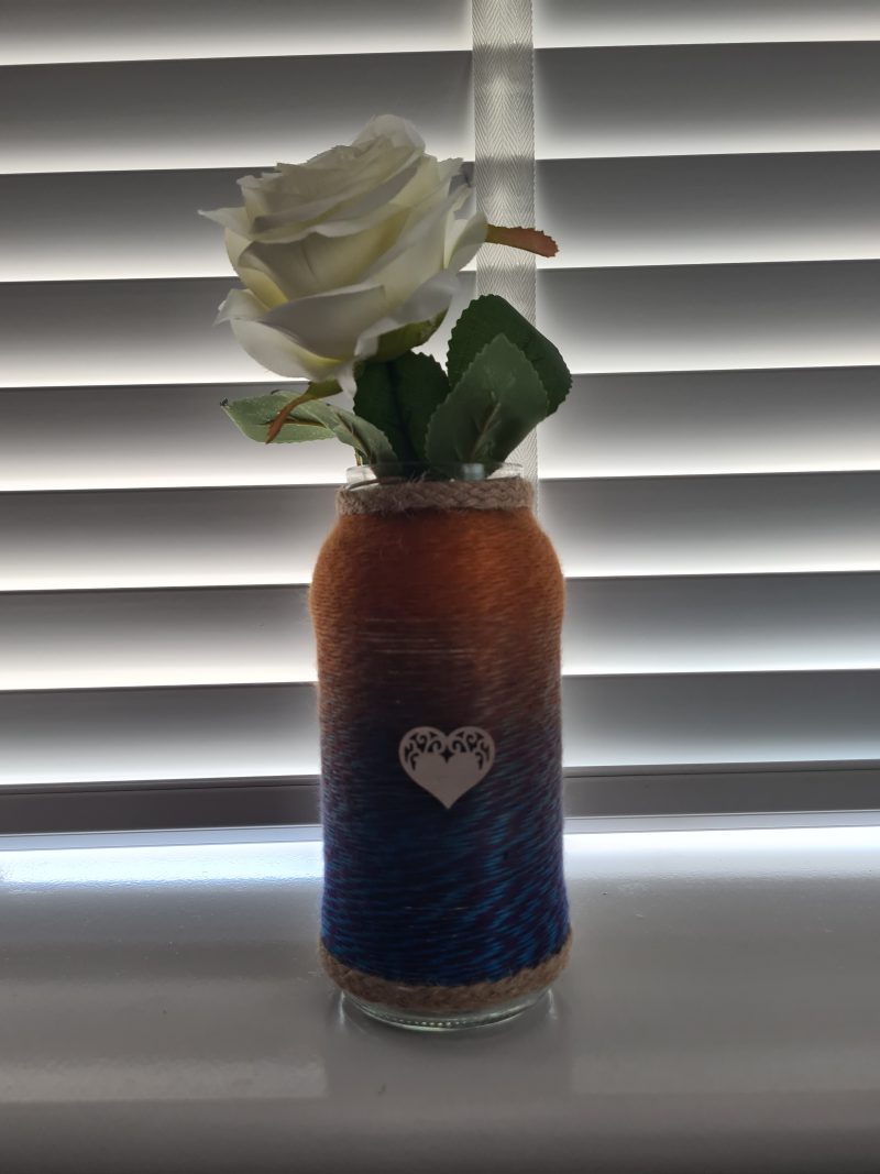 Set of 2 Upcycled Glass Jars Wrapped in Marble Effect Yarn