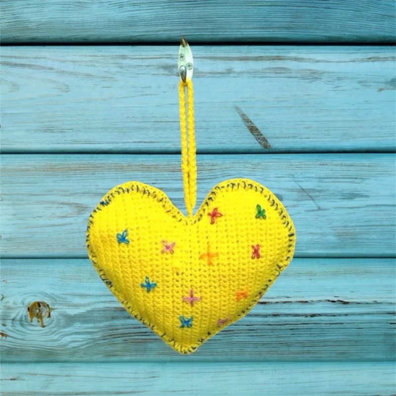 Handmade Yellow Unicorn Crochet Heart - Rustic Padded Hanging Decor