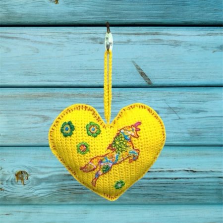 Handmade Yellow Unicorn Crochet Heart - Rustic Padded Hanging Decor