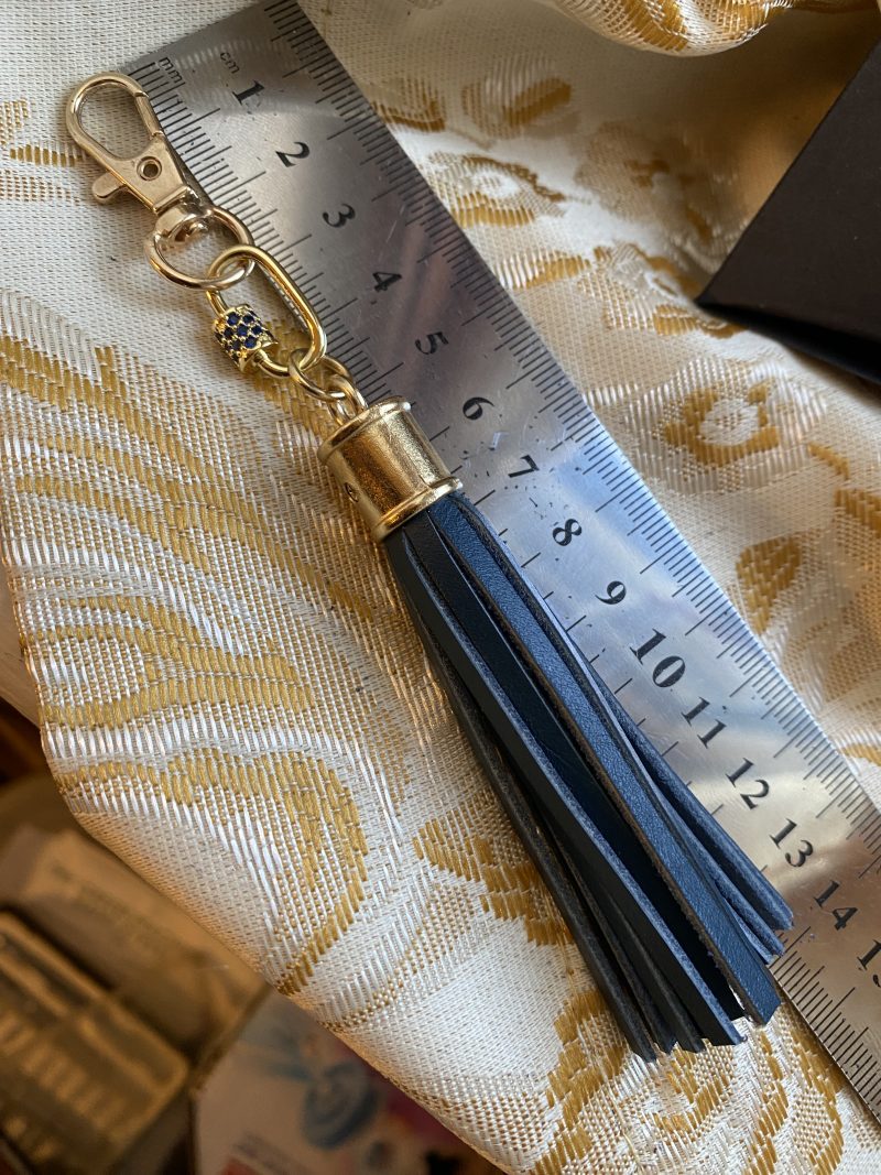 Blue cubic zirconia and blue italian leather and gold bag charm or keyring or bridesmaids favour.
