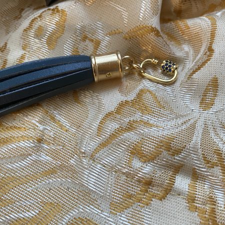 Blue cubic zirconia and blue italian leather and gold bag charm or keyring or bridesmaids favour.