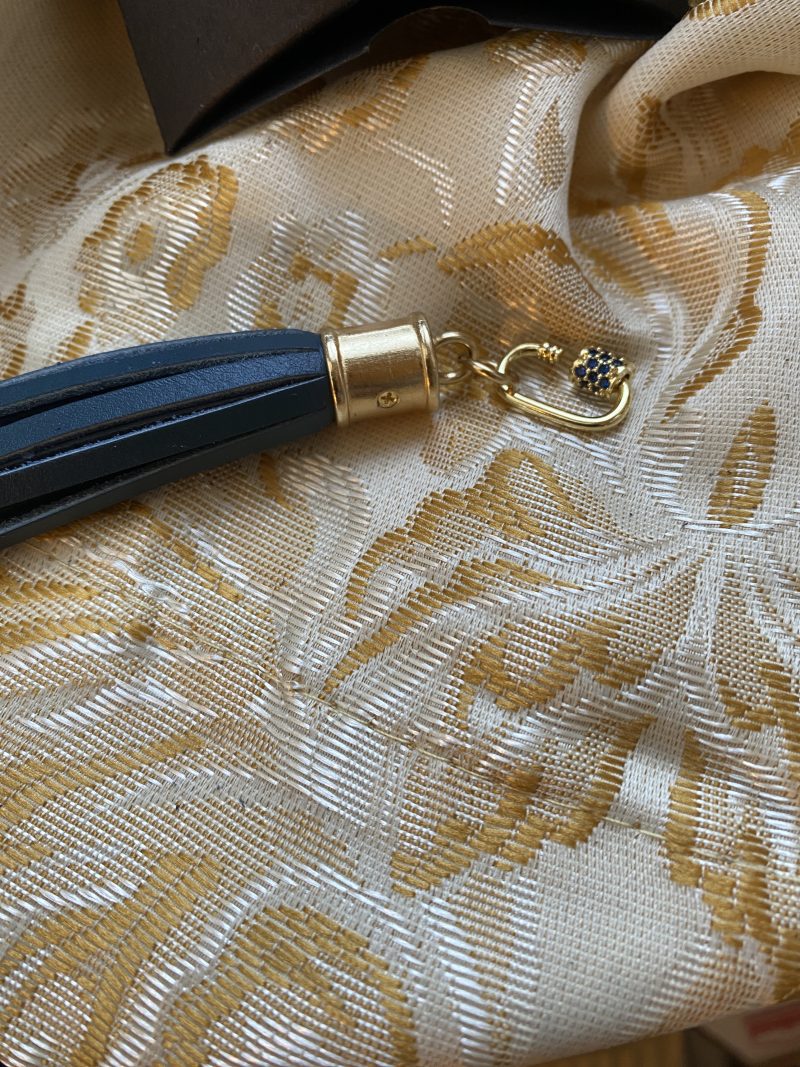 Blue cubic zirconia and blue italian leather and gold bag charm or keyring or bridesmaids favour.