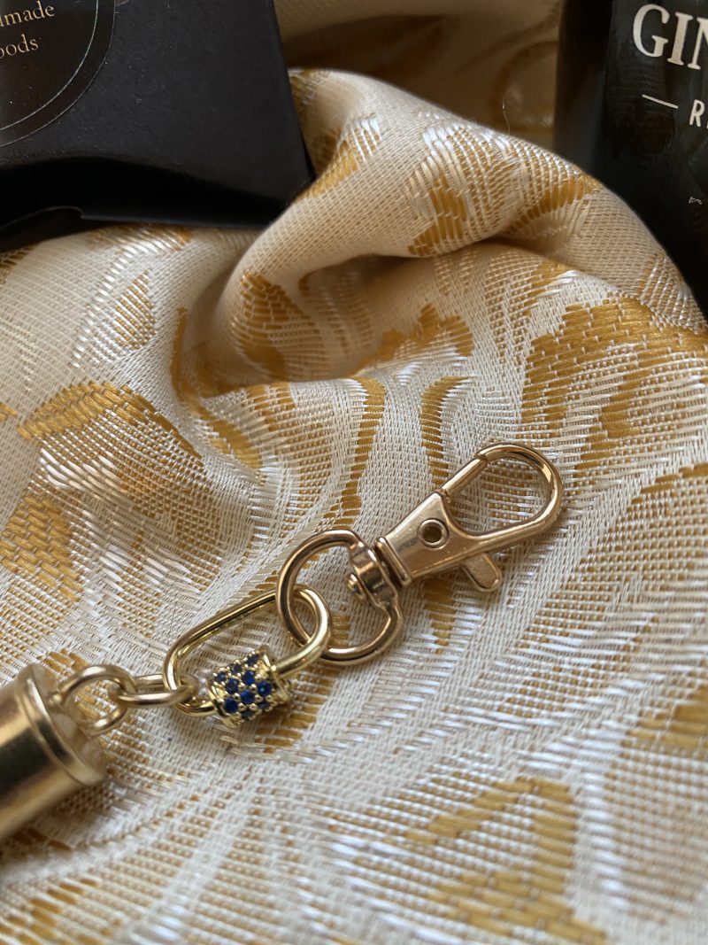 Blue cubic zirconia and blue italian leather and gold bag charm or keyring or bridesmaids favour.