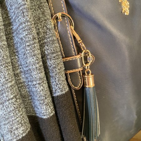 Blue cubic zirconia and blue italian leather and gold bag charm or keyring or bridesmaids favour.