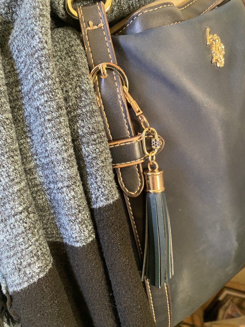 Blue cubic zirconia and blue italian leather and gold bag charm or keyring or bridesmaids favour.