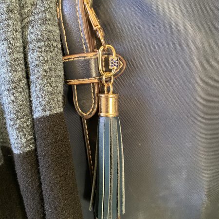 Blue cubic zirconia and blue italian leather and gold bag charm or keyring or bridesmaids favour.