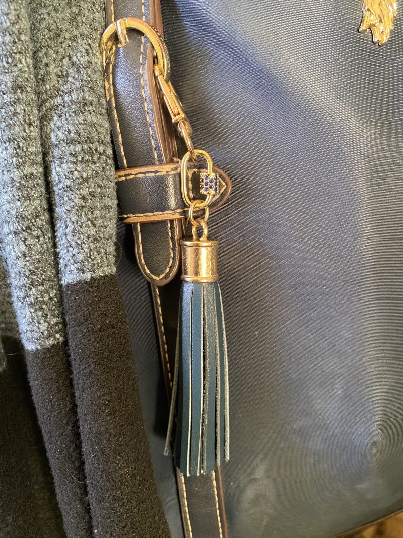 Blue cubic zirconia and blue italian leather and gold bag charm or keyring or bridesmaids favour.