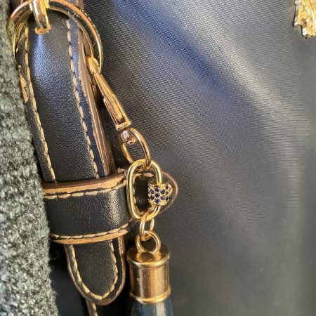 Blue cubic zirconia and blue italian leather and gold bag charm or keyring or bridesmaids favour.