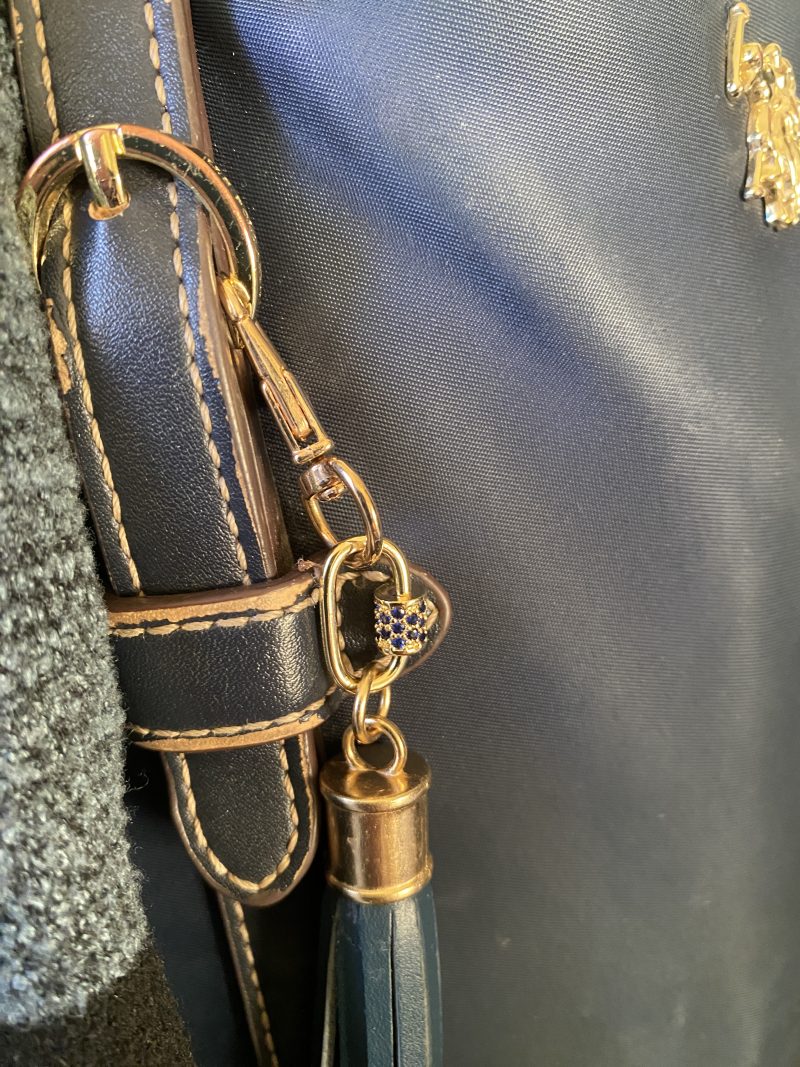 Blue cubic zirconia and blue italian leather and gold bag charm or keyring or bridesmaids favour.