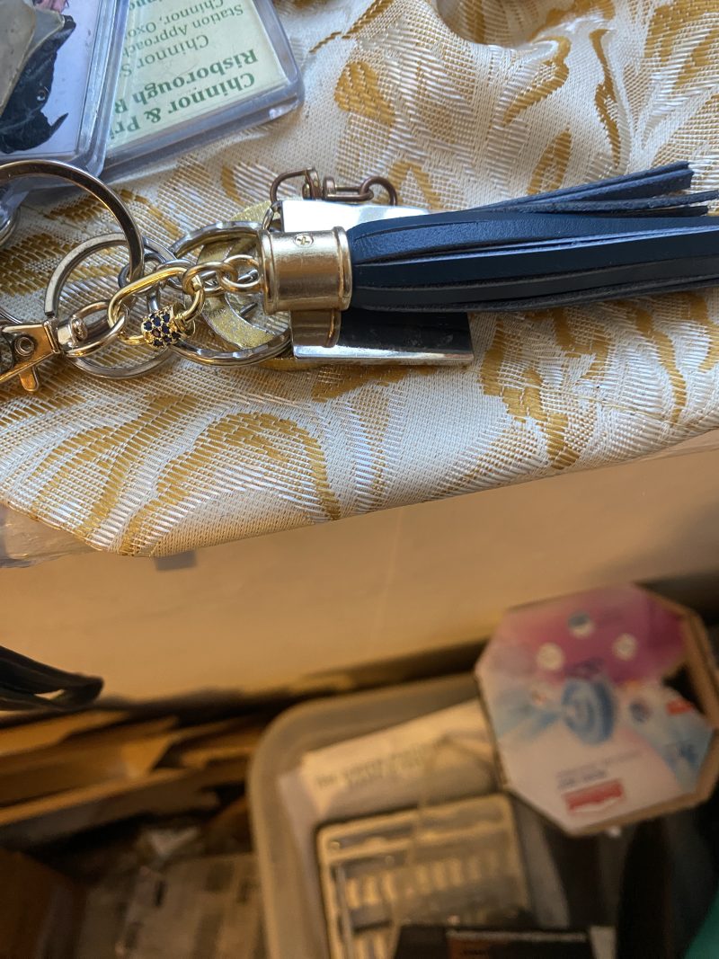 Blue cubic zirconia and blue italian leather and gold bag charm or keyring or bridesmaids favour.
