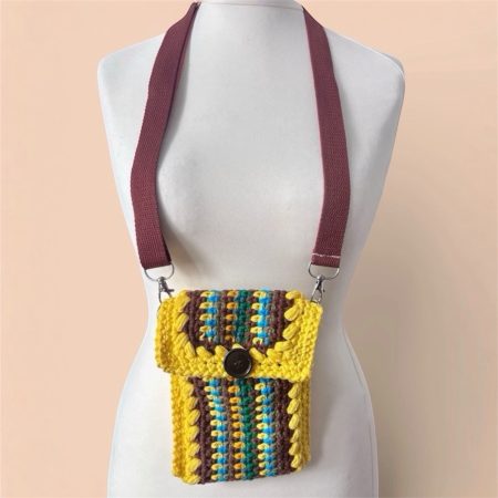 Vertical Stripe Crochet Phone Bag with Bunny Charm - Multi-Colour Crossbody