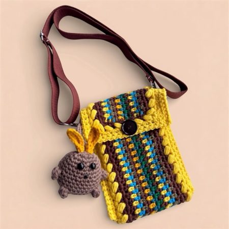 Vertical Stripe Crochet Phone Bag with Bunny Charm - Multi-Colour Crossbody
