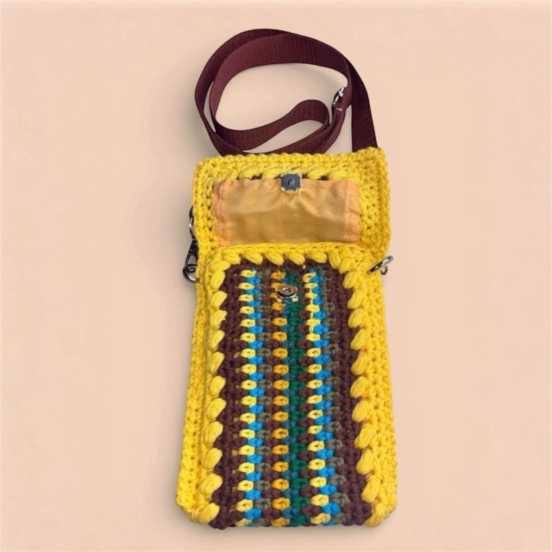 Vertical Stripe Crochet Phone Bag with Bunny Charm - Multi-Colour Crossbody