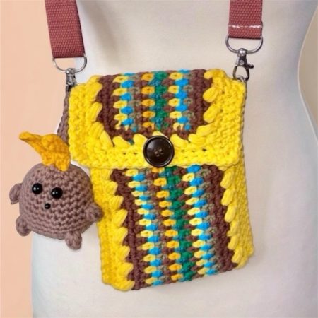 Vertical Stripe Crochet Phone Bag with Bunny Charm - Multi-Colour Crossbody