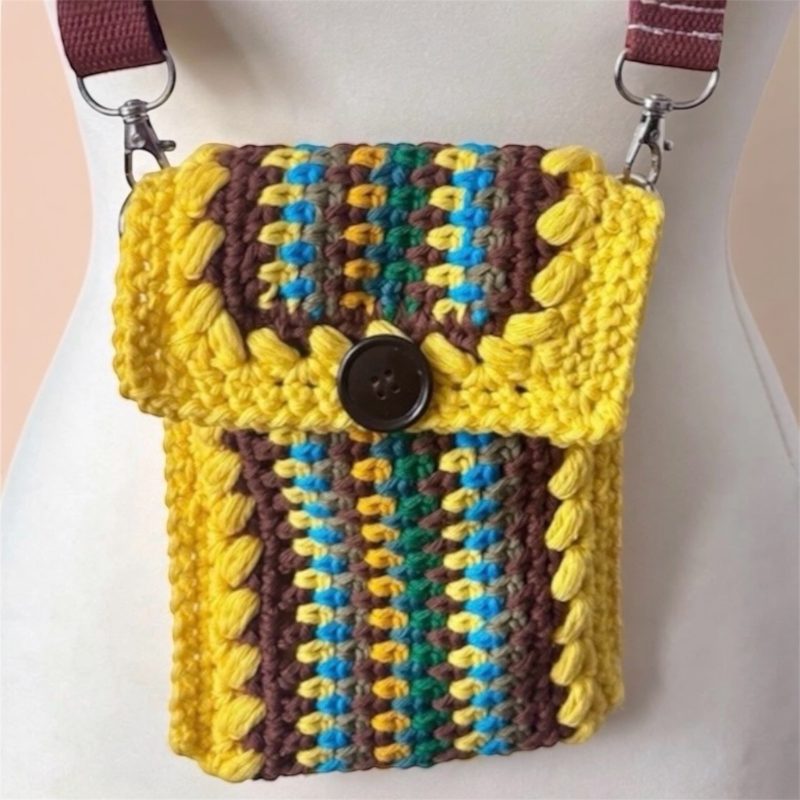 Vertical Stripe Crochet Phone Bag with Bunny Charm - Multi-Colour Crossbody