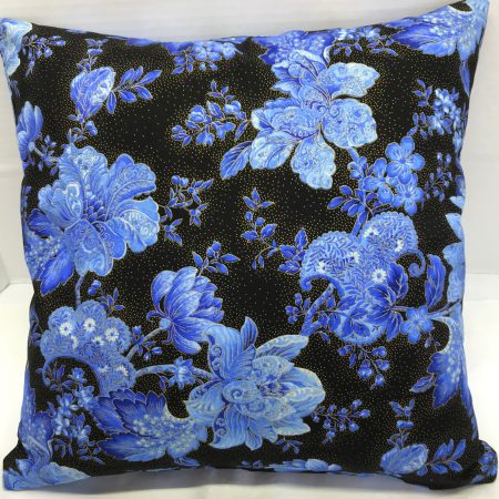 Front of blue floral cushion cover with detailed flowers on a black background, 18 inch square, zipped and lined