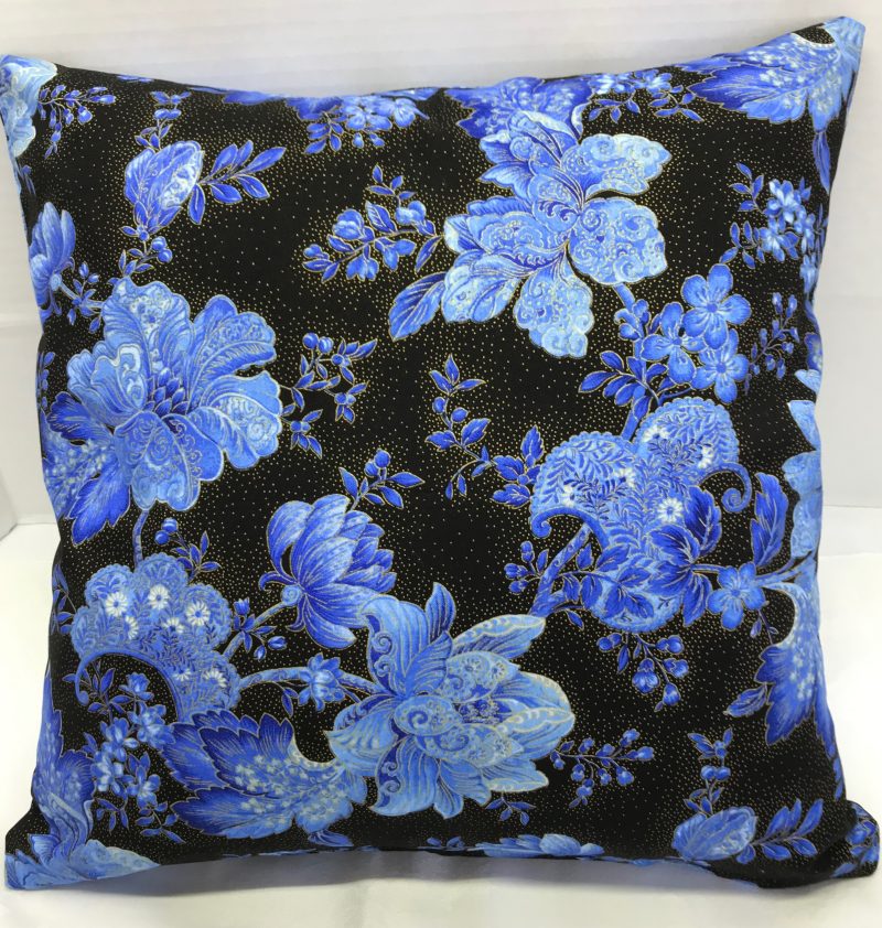 Front of blue floral cushion cover with detailed flowers on a black background, 18 inch square, zipped and lined
