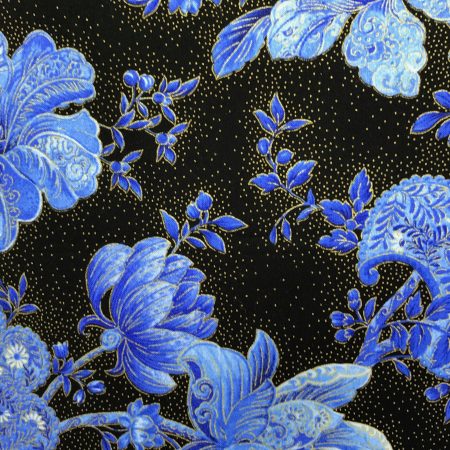 Front detail of blue floral cushion cover with detailed flowers on a black background, 18 inch square, zipped and lined